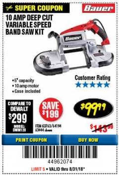 Harbor Freight Coupon BAUER 10 AMP DEEP CUT VARIABLE SPEED BAND SAW KIT Lot No. 63763/64194/63444 Expired: 8/31/18 - $99.99