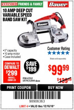 Harbor Freight Coupon BAUER 10 AMP DEEP CUT VARIABLE SPEED BAND SAW KIT Lot No. 63763/64194/63444 Expired: 12/16/18 - $99.99
