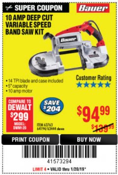 Harbor Freight Coupon BAUER 10 AMP DEEP CUT VARIABLE SPEED BAND SAW KIT Lot No. 63763/64194/63444 Expired: 1/20/19 - $94.99