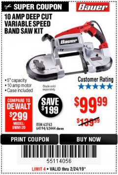 Harbor Freight Coupon BAUER 10 AMP DEEP CUT VARIABLE SPEED BAND SAW KIT Lot No. 63763/64194/63444 Expired: 2/24/19 - $99.99