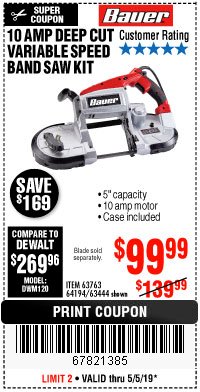 Harbor Freight Coupon BAUER 10 AMP DEEP CUT VARIABLE SPEED BAND SAW KIT Lot No. 63763/64194/63444 Expired: 5/5/19 - $99.99