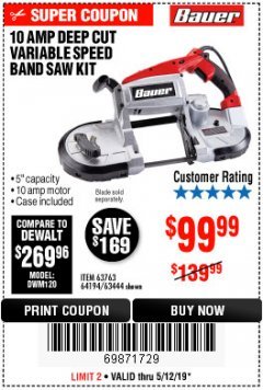Harbor Freight Coupon BAUER 10 AMP DEEP CUT VARIABLE SPEED BAND SAW KIT Lot No. 63763/64194/63444 Expired: 5/12/19 - $99.99