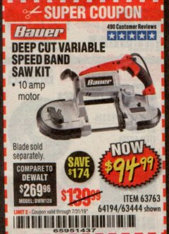 Harbor Freight Coupon BAUER 10 AMP DEEP CUT VARIABLE SPEED BAND SAW KIT Lot No. 63763/64194/63444 Expired: 7/31/19 - $94.99