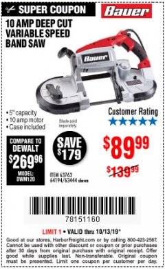 Harbor Freight Coupon BAUER 10 AMP DEEP CUT VARIABLE SPEED BAND SAW KIT Lot No. 63763/64194/63444 Expired: 10/13/19 - $89.99