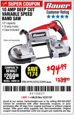 Harbor Freight Coupon BAUER 10 AMP DEEP CUT VARIABLE SPEED BAND SAW KIT Lot No. 63763/64194/63444 Expired: 12/31/19 - $94.99