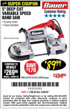 Harbor Freight Coupon BAUER 10 AMP DEEP CUT VARIABLE SPEED BAND SAW KIT Lot No. 63763/64194/63444 Expired: 6/30/20 - $89.99