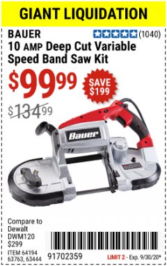 Harbor Freight Coupon BAUER 10 AMP DEEP CUT VARIABLE SPEED BAND SAW KIT Lot No. 63763/64194/63444 Expired: 9/30/20 - $99.99