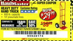 Harbor Freight Coupon HEAVY DUTY HAND TRUCK Lot No. 62775/3163/62776/62973/95061 Expired: 6/30/20 - $29.99