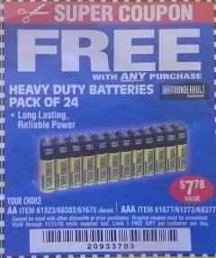 Harbor Freight FREE Coupon 24 PACK HEAVY DUTY BATTERIES Lot No. 61675/68382/61323/61677/68377/61273 Expired: 11/11/18 - FWP