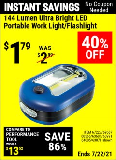 Harbor Freight Coupon LED PORTABLE WORKLIGHT/FLASHLIGHT Lot No. 63878/63991/64005/69567/60566/63601/67227 Expired: 7/22/21 - $1.79