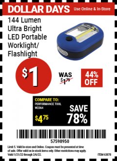 Harbor Freight Coupon LED PORTABLE WORKLIGHT/FLASHLIGHT Lot No. 63878/63991/64005/69567/60566/63601/67227 Expired: 2/6/22 - $1