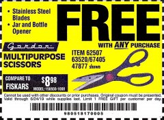 Harbor Freight FREE Coupon GORDON MULTIPURPOSE SCISSORS Lot No. 47877/60274/63520 Expired: 6/24/19 - FWP