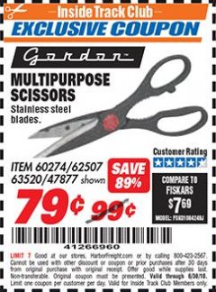 Harbor Freight ITC Coupon GORDON MULTIPURPOSE SCISSORS Lot No. 47877/60274/63520 Expired: 6/30/18 - $0.79