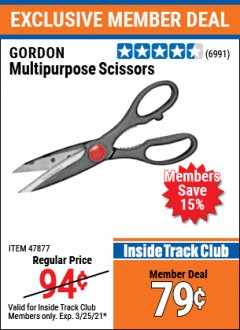 Harbor Freight ITC Coupon GORDON MULTIPURPOSE SCISSORS Lot No. 47877/60274/63520 Expired: 3/25/21 - $0.79