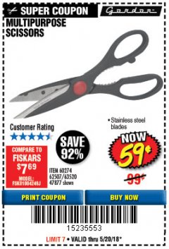 Harbor Freight Coupon GORDON MULTIPURPOSE SCISSORS Lot No. 47877/60274/63520 Expired: 5/20/18 - $0.59