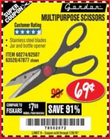 Harbor Freight Coupon GORDON MULTIPURPOSE SCISSORS Lot No. 47877/60274/63520 Expired: 7/24/18 - $0.69