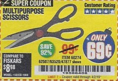 Harbor Freight Coupon GORDON MULTIPURPOSE SCISSORS Lot No. 47877/60274/63520 Expired: 4/2/19 - $0.69
