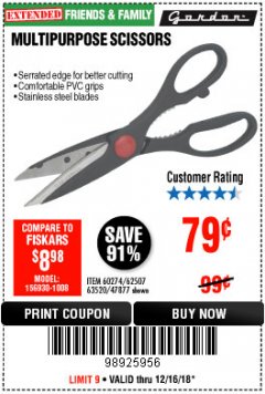 Harbor Freight Coupon GORDON MULTIPURPOSE SCISSORS Lot No. 47877/60274/63520 Expired: 12/16/18 - $0.79