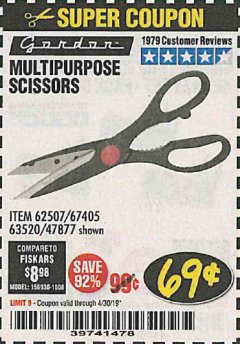 Harbor Freight Coupon GORDON MULTIPURPOSE SCISSORS Lot No. 47877/60274/63520 Expired: 4/30/19 - $0.69
