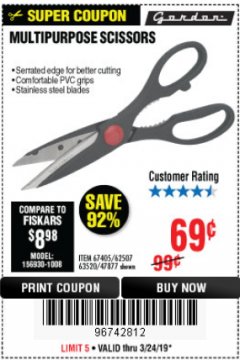 Harbor Freight Coupon GORDON MULTIPURPOSE SCISSORS Lot No. 47877/60274/63520 Expired: 3/24/19 - $0.69