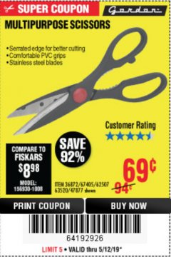 Harbor Freight Coupon GORDON MULTIPURPOSE SCISSORS Lot No. 47877/60274/63520 Expired: 5/12/19 - $0.69