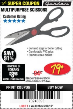 Harbor Freight Coupon GORDON MULTIPURPOSE SCISSORS Lot No. 47877/60274/63520 Expired: 6/30/19 - $0.79