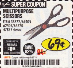 Harbor Freight Coupon GORDON MULTIPURPOSE SCISSORS Lot No. 47877/60274/63520 Expired: 6/30/19 - $0.69