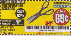 Harbor Freight Coupon GORDON MULTIPURPOSE SCISSORS Lot No. 47877/60274/63520 Expired: 7/3/19 - $0.69
