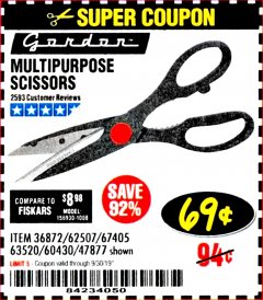 Harbor Freight Coupon GORDON MULTIPURPOSE SCISSORS Lot No. 47877/60274/63520 Expired: 9/30/19 - $0.69