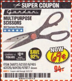 Harbor Freight Coupon GORDON MULTIPURPOSE SCISSORS Lot No. 47877/60274/63520 Expired: 10/31/19 - $0.69