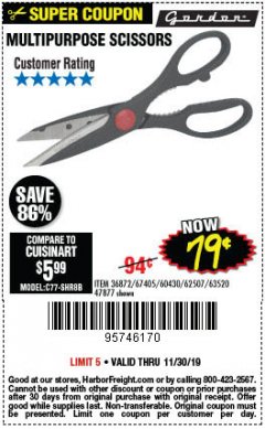 Harbor Freight Coupon GORDON MULTIPURPOSE SCISSORS Lot No. 47877/60274/63520 Expired: 11/30/19 - $0.79