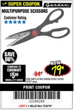 Harbor Freight Coupon GORDON MULTIPURPOSE SCISSORS Lot No. 47877/60274/63520 Expired: 12/8/19 - $0.79