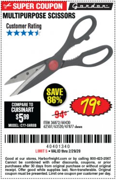 Harbor Freight Coupon GORDON MULTIPURPOSE SCISSORS Lot No. 47877/60274/63520 Expired: 2/29/20 - $0.79