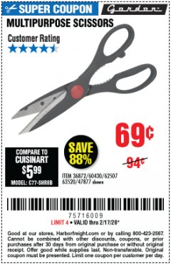 Harbor Freight Coupon GORDON MULTIPURPOSE SCISSORS Lot No. 47877/60274/63520 Expired: 2/17/20 - $0.69