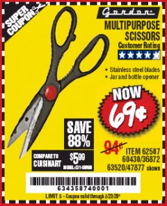 Harbor Freight Coupon GORDON MULTIPURPOSE SCISSORS Lot No. 47877/60274/63520 Expired: 6/30/20 - $0.69
