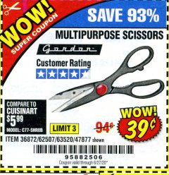 Harbor Freight Coupon GORDON MULTIPURPOSE SCISSORS Lot No. 47877/60274/63520 Expired: 6/30/20 - $0.39