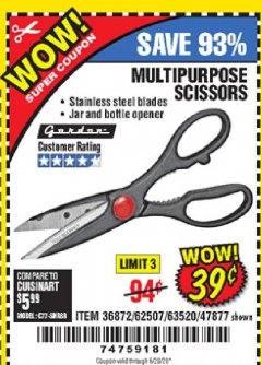 Harbor Freight Coupon GORDON MULTIPURPOSE SCISSORS Lot No. 47877/60274/63520 Expired: 6/28/20 - $0.39