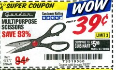Harbor Freight Coupon GORDON MULTIPURPOSE SCISSORS Lot No. 47877/60274/63520 Expired: 7/3/20 - $0.39