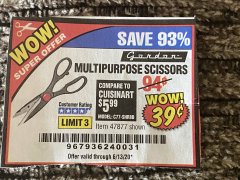 Harbor Freight Coupon GORDON MULTIPURPOSE SCISSORS Lot No. 47877/60274/63520 Expired: 6/13/20 - $0.39