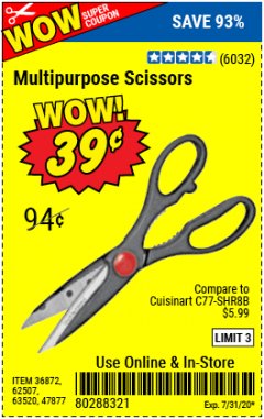 Harbor Freight Coupon GORDON MULTIPURPOSE SCISSORS Lot No. 47877/60274/63520 Expired: 7/31/20 - $0.39
