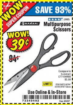 Harbor Freight Coupon GORDON MULTIPURPOSE SCISSORS Lot No. 47877/60274/63520 Expired: 9/6/20 - $0.39