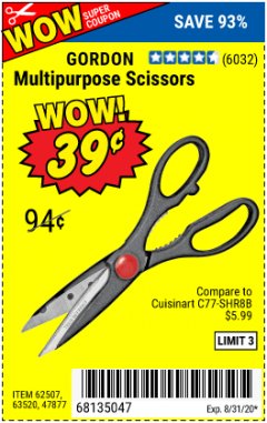 Harbor Freight Coupon GORDON MULTIPURPOSE SCISSORS Lot No. 47877/60274/63520 Expired: 8/31/20 - $0.39