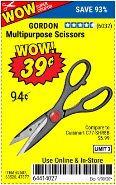 Harbor Freight Coupon GORDON MULTIPURPOSE SCISSORS Lot No. 47877/60274/63520 Expired: 9/30/20 - $0.39
