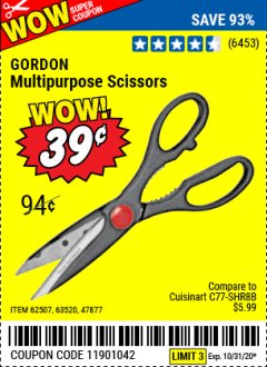 Harbor Freight Coupon GORDON MULTIPURPOSE SCISSORS Lot No. 47877/60274/63520 Expired: 10/31/20 - $0.39