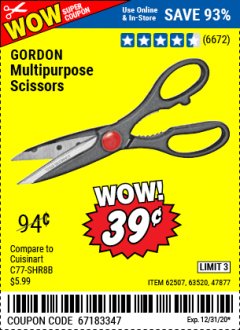 Harbor Freight Coupon GORDON MULTIPURPOSE SCISSORS Lot No. 47877/60274/63520 Expired: 12/31/20 - $0.39