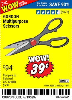 Harbor Freight Coupon GORDON MULTIPURPOSE SCISSORS Lot No. 47877/60274/63520 Expired: 12/31/20 - $0.39