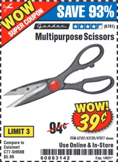 Harbor Freight Coupon GORDON MULTIPURPOSE SCISSORS Lot No. 47877/60274/63520 Expired: 1/8/21 - $0.39