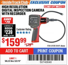 Harbor Freight ITC Coupon 3.5" LCD Digital Inspection Camera with Recorder Lot No. 61838 60695 Expired: 9/3/19 - $159.99