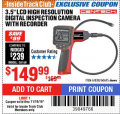 Harbor Freight ITC Coupon 3.5" LCD Digital Inspection Camera with Recorder Lot No. 61838 60695 Expired: 11/19/19 - $149.99