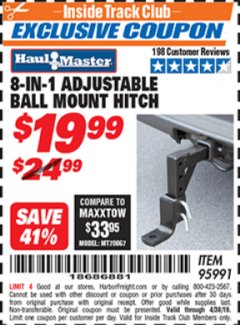 Harbor Freight ITC Coupon HAUL-MASTER 8-IN-1 ADJUSTABLE BALL MOUNT HITCH Lot No. 95991 Expired: 4/30/19 - $19.99